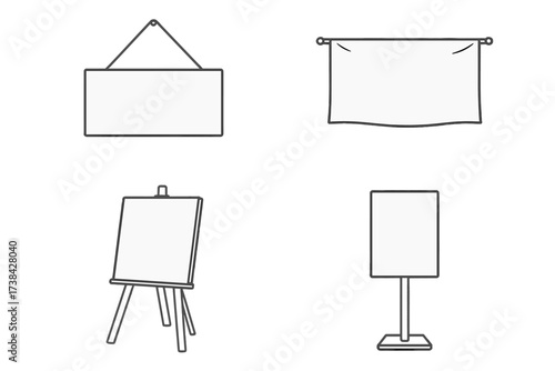 Set of blank signs for mockup and advertising. Includes hanging board, banner, artist easel with canvas, and floor stand. Vector line art illustration for presentation or display.