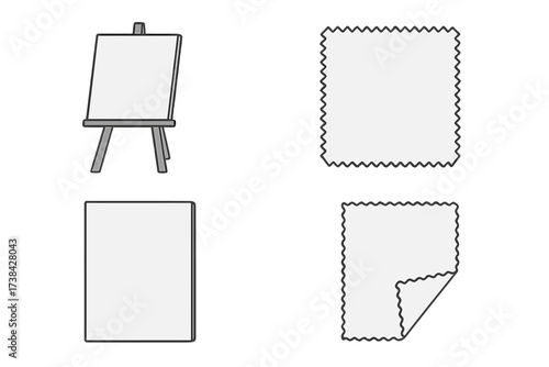 Artist easel with blank canvas, paper sheet, and microfiber cleaning cloth icon set. Isolated vector illustration for mockup, art, or presentation. Template collection.