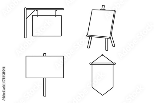 Vector set of blank signs and canvas. Isolated outline objects collection. Includes hanging signboard, artist easel, yard sign, and pennant banner. Mockup for ad or message.