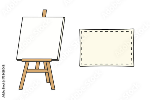 Artist easel with blank canvas vector illustration set. Wooden art stand for painting and drawing. Empty mockup template for creative project. Art studio equipment isolated. Hobby.