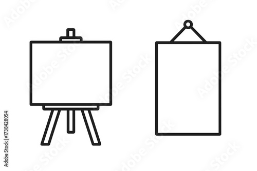 Canvas on easel and hanging frame icon set. Artist equipment for painting. Art gallery symbol. Blank empty template for mockup. Presentation board. Wooden stand. Outline vector.