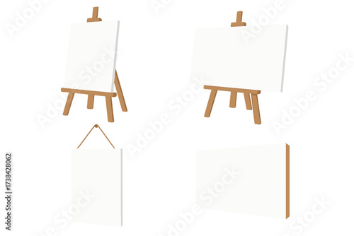 Set of blank white canvas on a wooden easel and hanging board. Art display mockup collection for artists. Vector illustration for gallery presentation, advertising, or copy space.