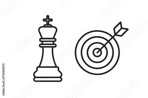 Business strategy and goal achievement concept. Chess king for leadership and power. Target with arrow for precision marketing and accuracy. Success, victory, and focus icon set.