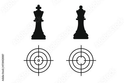 Checkmate in chess game concept icon set. Business strategy, competition, and victory metaphor. Winning move in a board game. Thin line art vector graphic illustration.
