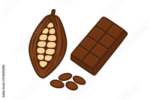 Chocolate bar, cocoa beans and cacao pod vector illustration. Set of isolated sweet food icons. Natural organic ingredient for candy and dessert. Brown gourmet chocolate product.