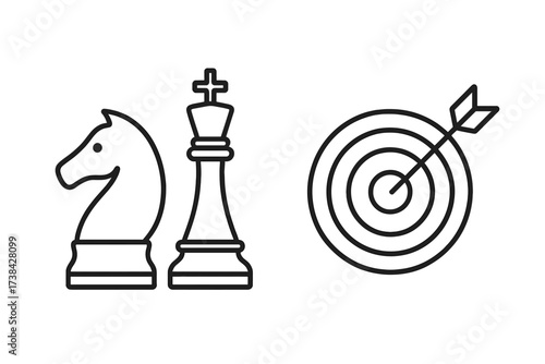 Business strategy and goal achievement concept. Chess pieces king and knight with target and arrow. Metaphor for success, marketing plan, precision, and winning competition.