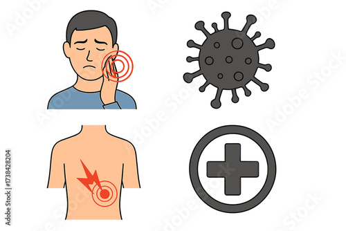 Medical icon set disease symptoms. Man with toothache, dental pain. Back pain, spine ache. Coronavirus bacteria cell. Healthcare cross symbol. Sickness, illness, injury concept.