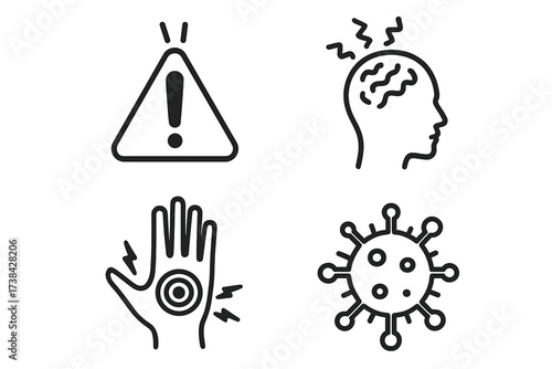 Medical icon set for disease and healthcare. Virus, headache, and pain symptoms. Warning sign for health alert. Concept for mental stress, infection, and body inflammation.