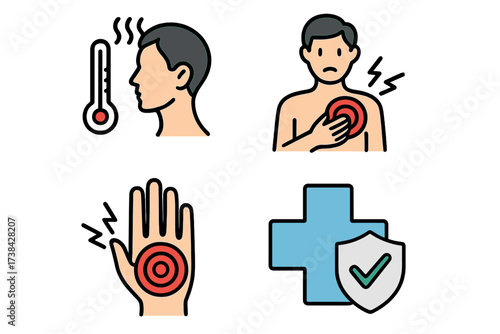 Medical icon set showing disease symptoms and healthcare signs. Vector collection includes fever, chest pain, hand injury, and health insurance or protection symbol for patient care.