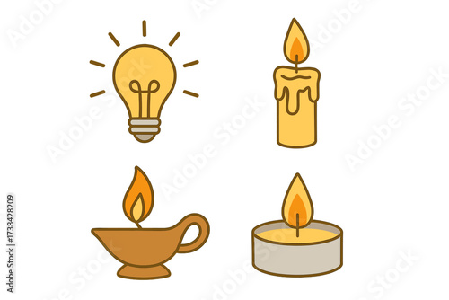 Set of light source icons. Evolution of light from ancient oil lamp and wax candle to modern electric lightbulb. Idea, energy and illumination concept vector illustration.