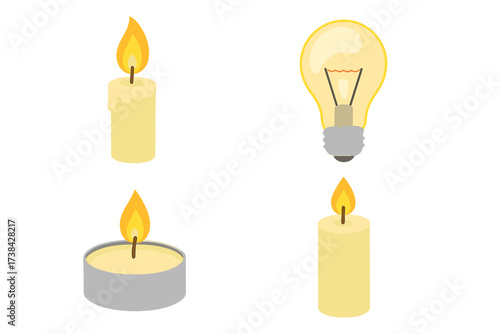 Light source vector illustration set. Isolated burning wax candle, tealight, and glowing incandescent light bulb icons. Concept for energy, illumination, ideas, power, warmth.