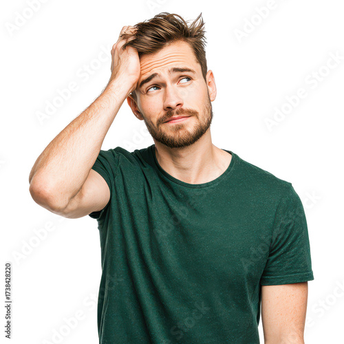 Young man shows confusion with hand on head while looking up in casual attire indoors