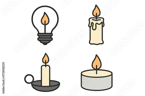 Vector set of light source icons. Lightbulb with flame and wax candles. Metaphor for idea, energy, and technology. Old vs new concept. Isolated cartoon illustration symbols.