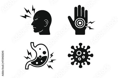 Set of disease and healthcare symptom icons. Vector collection of isolated black glyphs showing headache, hand pain, stomach ache, and virus or bacteria for medical concepts.