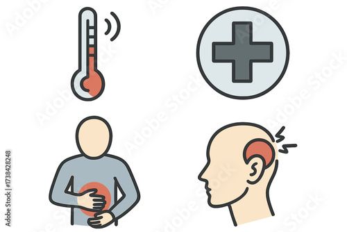 Medical symptoms icon set. Vector collection of disease and healthcare signs. Includes high temperature fever, headache, stomach ache, pain and first aid cross. Health concept.