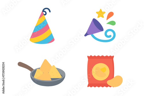 Vector icon set for party and celebration. Includes colorful party hat, confetti popper, nachos in a pan and potato chips bag. Isolated flat design elements for fun and food.