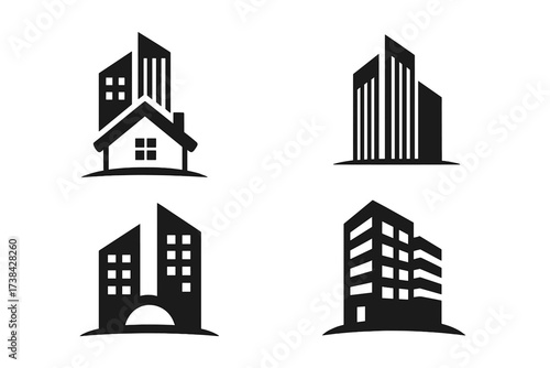 Real estate logo collection. Modern building and house icon set. Property business corporate identity symbol. Abstract architecture and construction vector graphic element design.