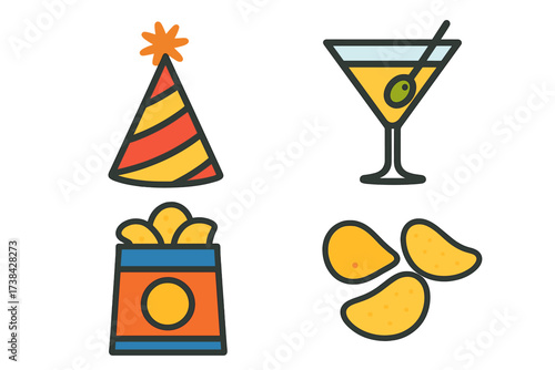 Party icon set for celebration and events. Isolated vector objects: birthday hat, martini cocktail drink with olive, potato chips snack bag. Fun flat line design elements.