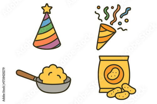 Party icon set, food and cooking graphics. Celebration and birthday vector collection. Party hat, confetti popper, potato chips snack, scrambled eggs in a pan. Isolated elements.