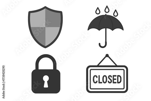 Protection and security icon set. Vector graphics of a shield, padlock, umbrella, and closed sign. Concepts of safety, privacy, defense, insurance, and business closure.