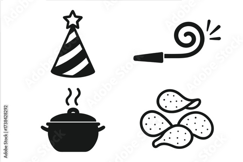 Party and cooking vector icon set. Black glyph symbols for celebration. Birthday party hat, noisemaker horn blower. Hot food in steaming pot. Salty potato chips snack graphics.