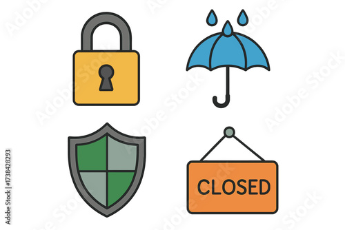Protection and security icon set. Vector collection of flat design graphic elements. Padlock for safety, shield for defense, umbrella for weather, and a closed sign for business.