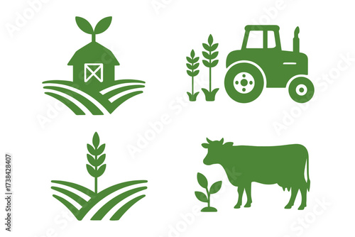 Agriculture and farming icon set. Vector logo collection for agribusiness, organic farm, and livestock breeding. Includes tractor, cow, wheat, and barn symbols.