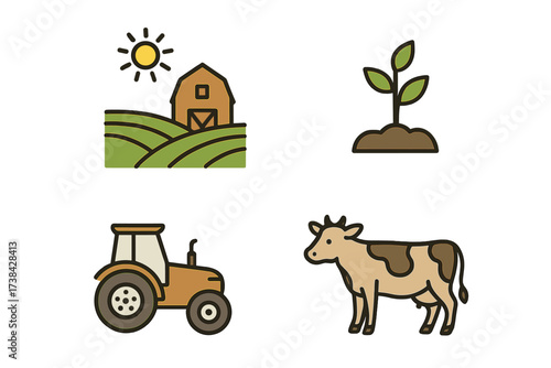 Set of agriculture and farming icons. Farm life collection with tractor, cow, barn and sprout. Vector symbols for animal breeding, cultivation, organic food and rural business.