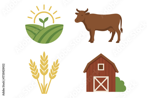 Vector design logo set for agriculture and breeding. Farming icon collection with cow, wheat crop, sun over field, and barn. For rural business, organic food production.