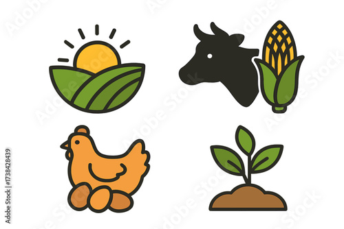 Vector icon set for agriculture and animal breeding. Farm logo collection with cow, chicken, corn, and field. Natural, organic food and farming symbols for business branding.