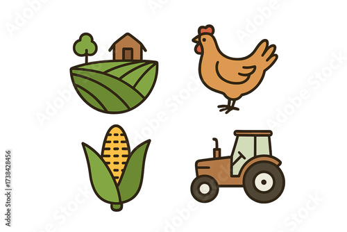 Agriculture and farming icon set. Vector logo collection with tractor, chicken, corn, and farm. Agribusiness symbol for breeding, harvest, cultivation. Rural line art design.