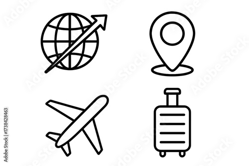Travel icon set vector collection. Line art symbols for tourism and vacation. Includes airplane, globe, map pin, and luggage. Simple pictograms for navigation and transport.