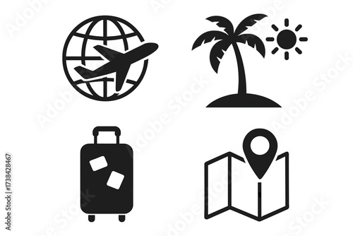 Travel icons set for vacation and tourism. Vector collection of journey symbols. Airplane, globe, summer beach, palm tree, luggage, map pin. Holiday trip graphic elements.