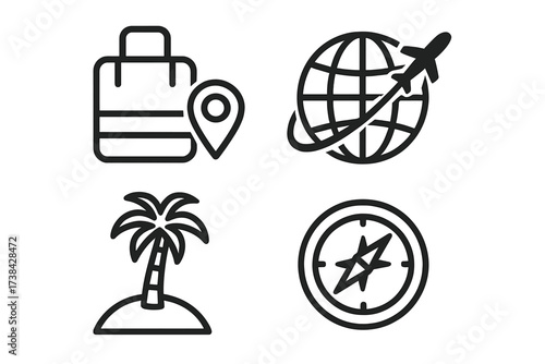 Vector travel icon set for tourism and vacation. Includes globe with airplane, tropical island, compass, and luggage with location pin. Line art symbols for journey and adventure.
