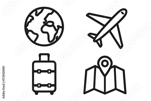 Travel icon set with essential tourism symbols. Vector line art collection including globe, airplane, luggage, and map location pin. Perfect for vacation, journey, and booking apps.