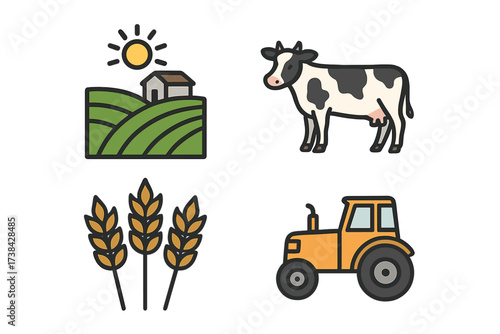 Set of agriculture vector icons with farm, cow, wheat, tractor. Concepts for farming, breeding, dairy, cultivation, harvest, and rural life. Agribusiness logo design elements.