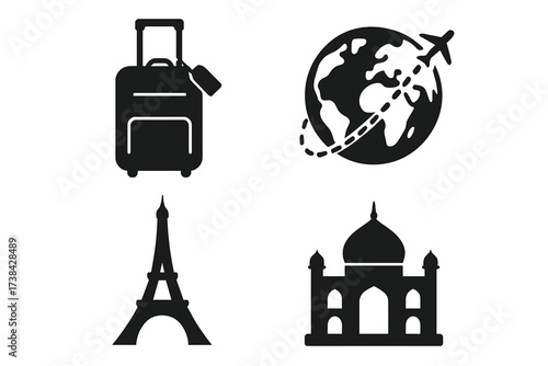 Vector travel icon set for tourism and vacation concepts. Collection of flat design symbols: suitcase luggage, globe with airplane, Eiffel Tower Paris, and Taj Mahal India.