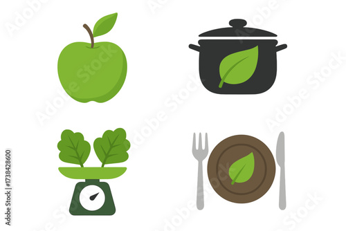 Vector icon set for diet and healthy cooking. Natural organic food for weight loss. Vegan and vegetarian meal prep logos. Nutrition and calorie counting concept collection.