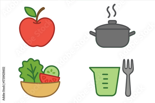 Vector collection of diet and cooking icons. Healthy food and lifestyle concept. Set includes apple, salad, pot, measuring cup. Nutrition, meal prep, wellness, portion control.