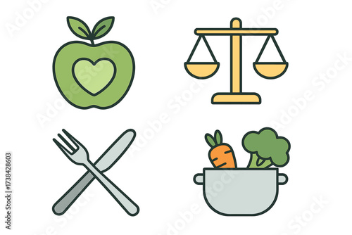 Healthy eating and diet icon collection. Vector logo set for nutrition and cooking. Concepts of a balanced meal, weight control, fresh food, and organic lifestyle. Flat icons.