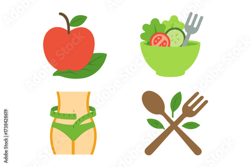 Diet and cooking logo collection vector design. Healthy food, nutrition, and weight loss icon set. Apple, salad, fitness waist, and cutlery symbols for a healthy lifestyle.
