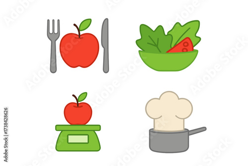 Diet and cooking icon set. Healthy food, nutrition, weight loss concept. Vector logo collection with apple on scale, salad bowl, chef hat. Calorie counting and portion control.