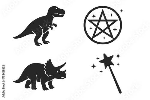 Dinosaur and magic icon set vector. Tyrannosaurus T-rex, triceratops, occult pentagram, and wizard magic wand silhouettes. Prehistoric animal and witchcraft symbol collection.