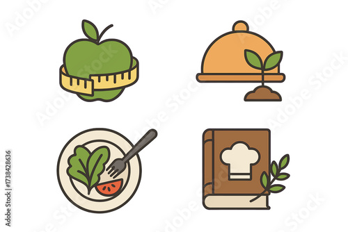 Diet and cooking vector logo collection. Healthy food icons for nutrition, weight loss. Includes apple with measuring tape, salad, organic meal symbol, and chef's recipe book.