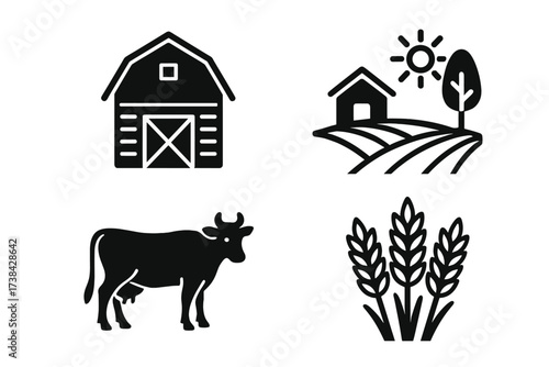 Farm and agriculture icon set. Vector collection of food production symbols. Includes barn, cow, wheat, and rural landscape. Black glyph style for web and print design.