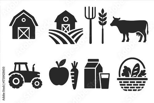 Farm and agriculture icon set. Vector symbols of farming, food production. Collection includes barn, tractor, cow, milk, apple, carrot, wheat. Organic food, harvest concept.