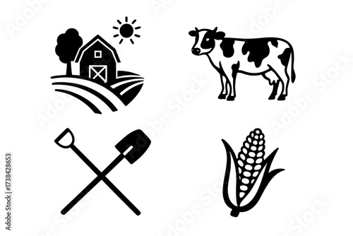 Farm and agriculture icon set. Vector symbols of farming, food production. Rural life collection with barn, cow, corn, and shovel. For organic food, local market, livestock.