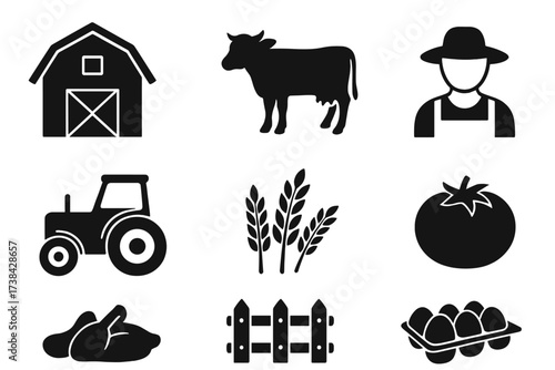 Farm and agriculture icon set. Food production symbols. Farmer, barn, tractor, cow, wheat, tomato, eggs and chicken. Vector glyph collection for rural and organic concepts.
