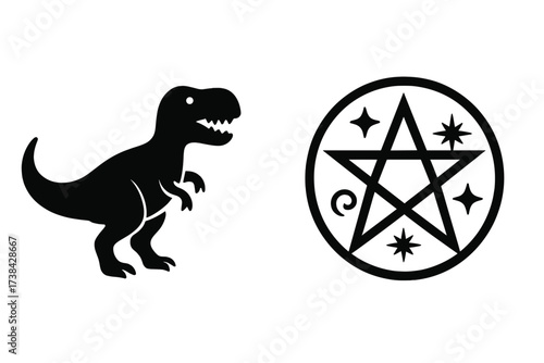 Dinosaur and magic symbol vector set. T-Rex silhouette icon. Esoteric pentagram sign. Occult witchcraft mystic logo. Wicca pagan spiritual amulet. Prehistoric animal.