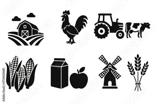 Farm and agriculture icon set. Vector collection of food production symbols. Barn, tractor, cow, rooster, corn, wheat, milk, apple, and windmill. Rural harvest concept.
